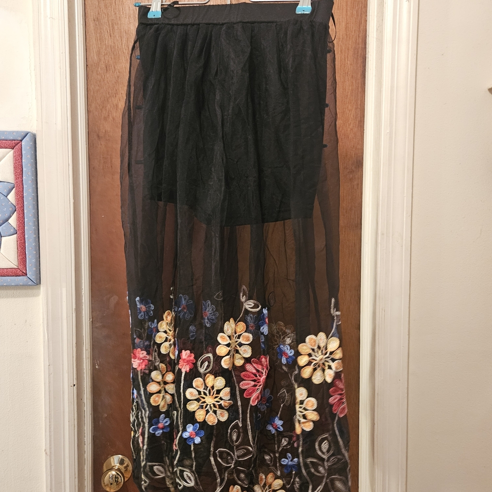 Black Sheer Maxi Skort with Floral Embroidery